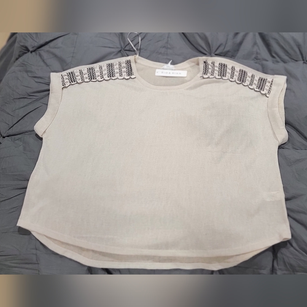 Beige Sleeveless Top with Black Embroidery